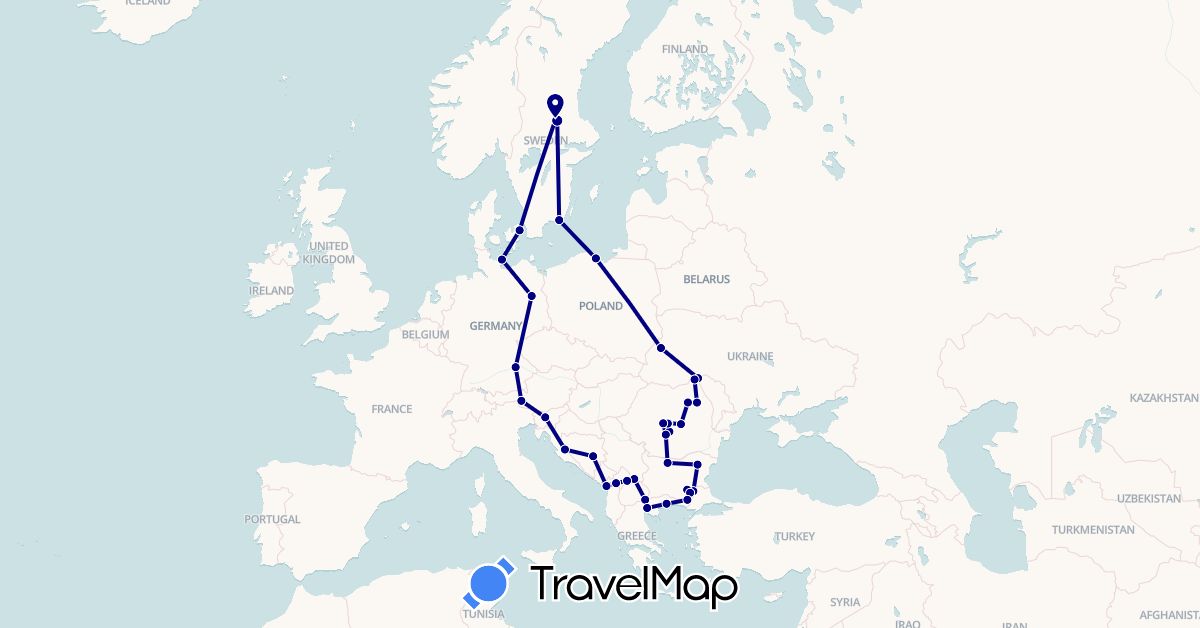 TravelMap itinerary: driving in Albania, Austria, Bosnia and Herzegovina, Bulgaria, Germany, Denmark, Greece, Croatia, Moldova, Macedonia, Poland, Romania, Serbia, Sweden, Slovenia, Turkey, Kosovo (Asia, Europe)